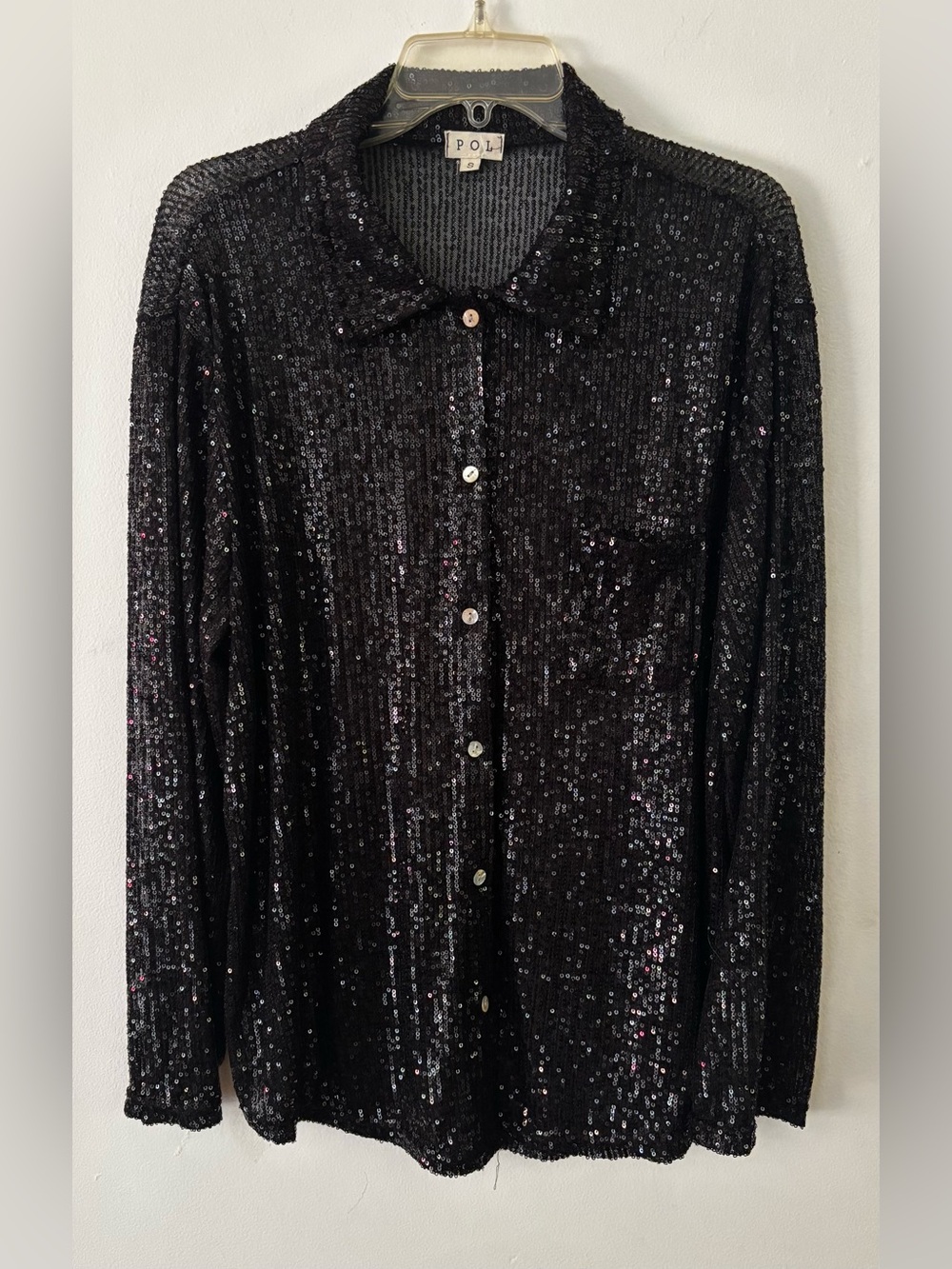 POL black sheer sequins long sleeve button up shirt size small